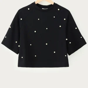 Zwarte Korte Sweater Met Imitatie Parels - Zwart