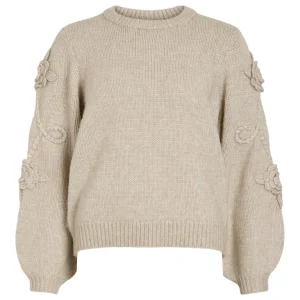 Vifaye O-neck L/s Embrodiery Knit Top - Beige