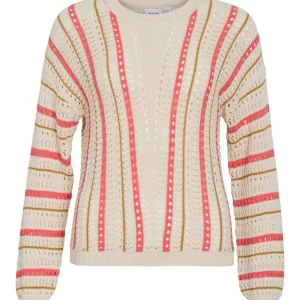 Vimarian O-neck L/s Stripe Knit Top - Ecru Dessin