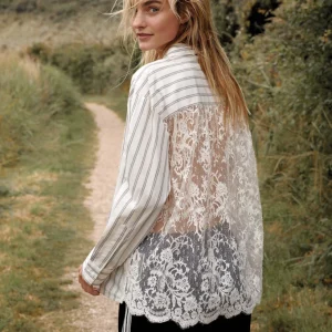 Blouse Stripe Lace Mix - Ecru Dessin