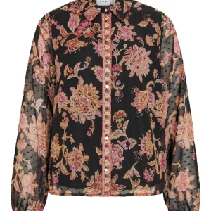Vipraya O-neck L/s Printed Shirt/ln - Zwart Dessin