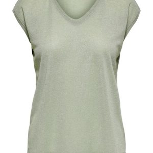 Onlsilvery S/s V Neck Lurex Top Jrs - Olijf