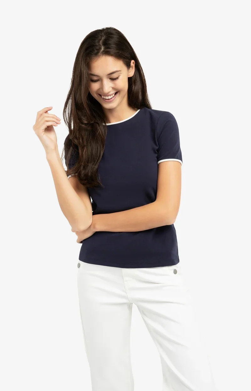 T-shirt Met Contrastbies - Navy - Afbeelding 4