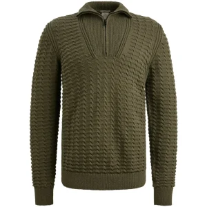 Half Zip Collar Cotton Boucle - Donkergroen