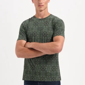 T-shirt Crewneck Allover Printed Garment Dyed Slub - Groen Dessin