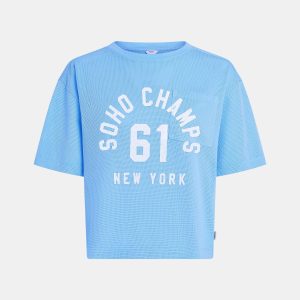 Blauwe mesh top met soho champs print