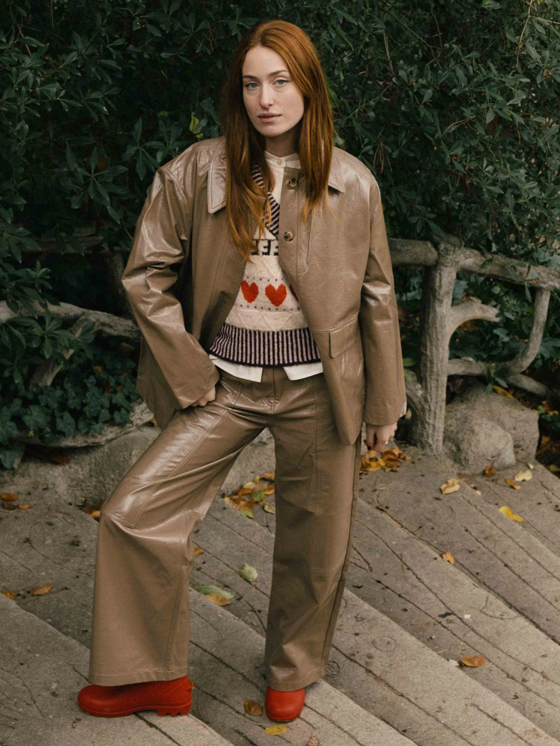 Beige broek met leerlook hortensis