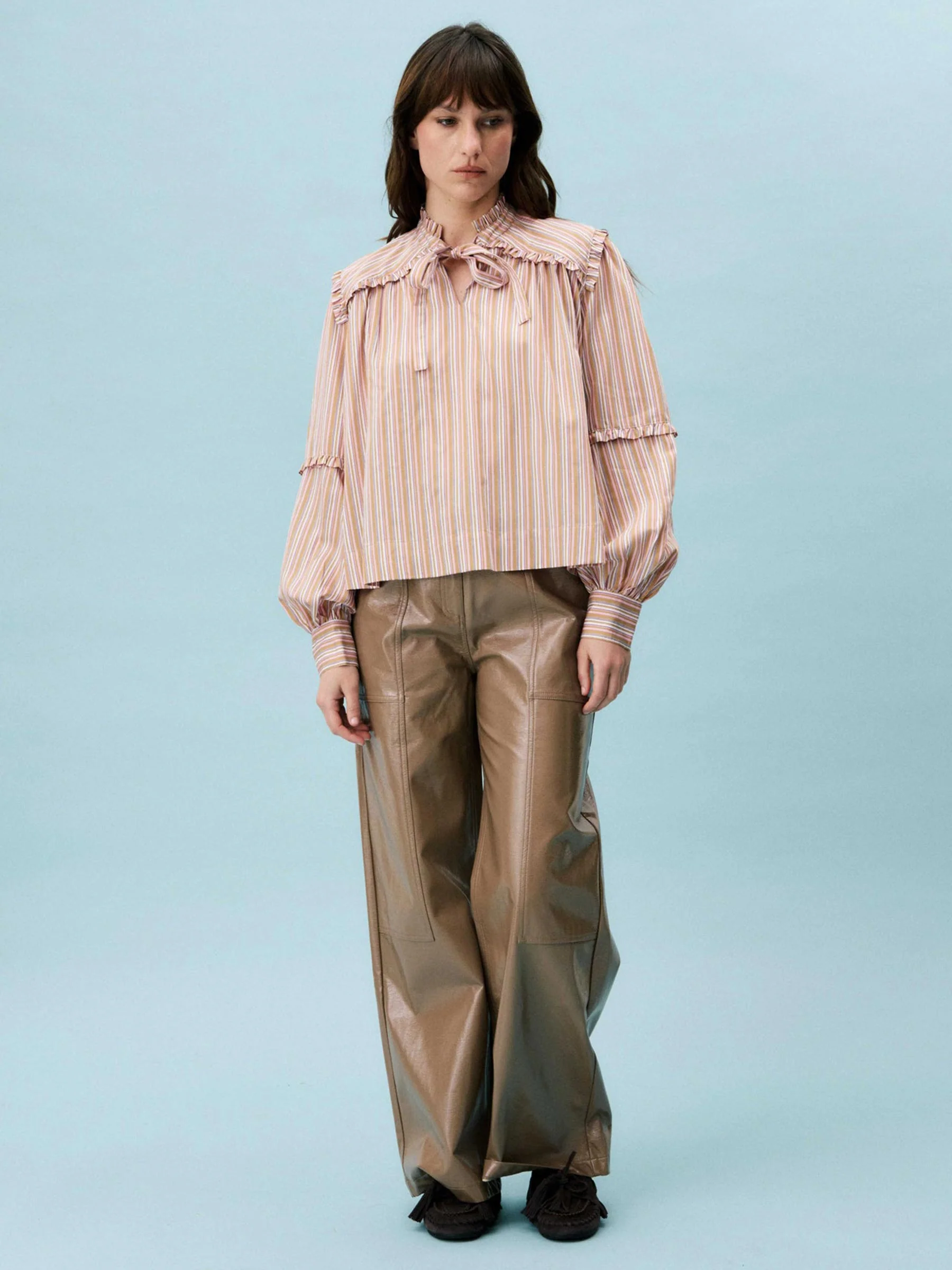 Beige broek met leerlook hortensis - Afbeelding 3