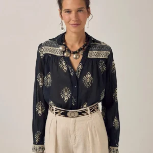 Zwarte blouse black leaves rani